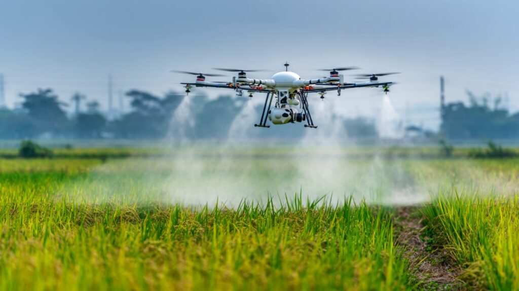 Un drone agricolo agisce con precisione su un campo: esempio di bene agevolabile con il credito d'imposta Agricoltura 4.0 al 40%.