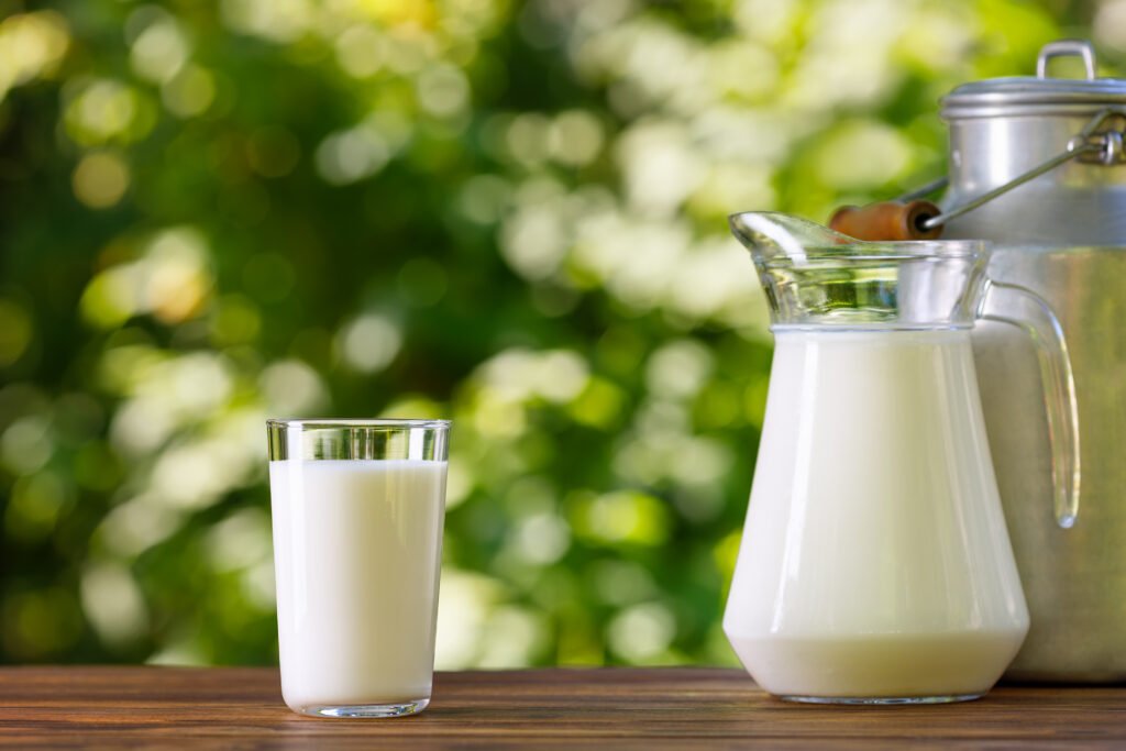 OCM latte - latte in un bicchiere e in una brocca con latta di metallo su un tavolo di legno all'aperto