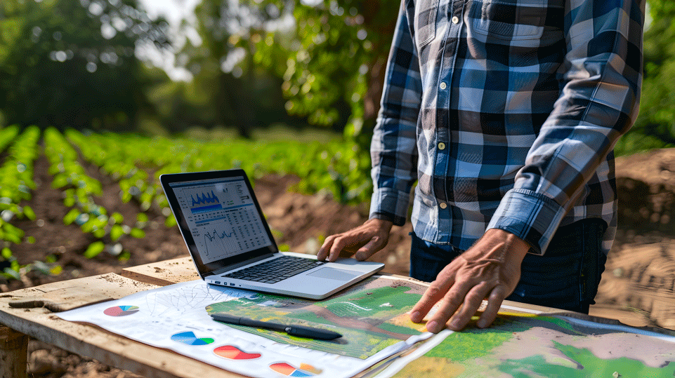 Tavolo con sopra un pc con esempio di software gestionale per l'agricoltura.