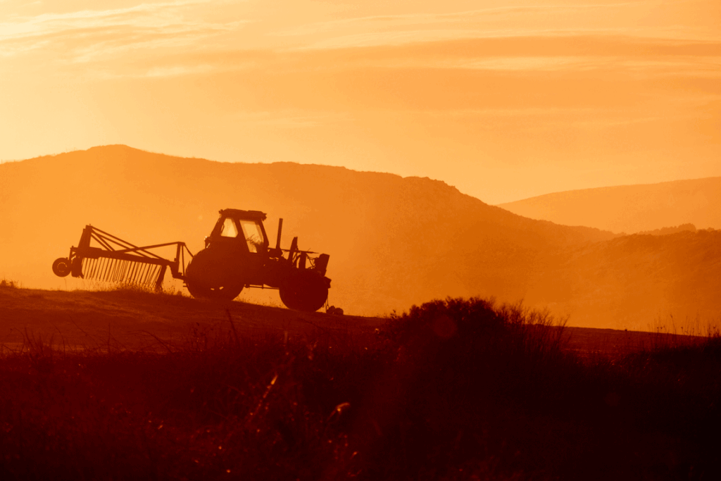 trattore che ara il campo al tramonto